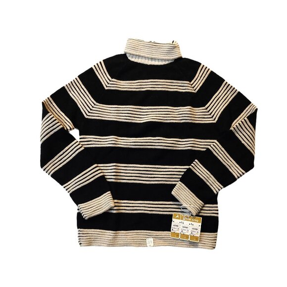 Vintage White Stag 1940s-1950s Black White Stripe Wool Ribbed Turtleneck Sweater - Picture 2 of 11